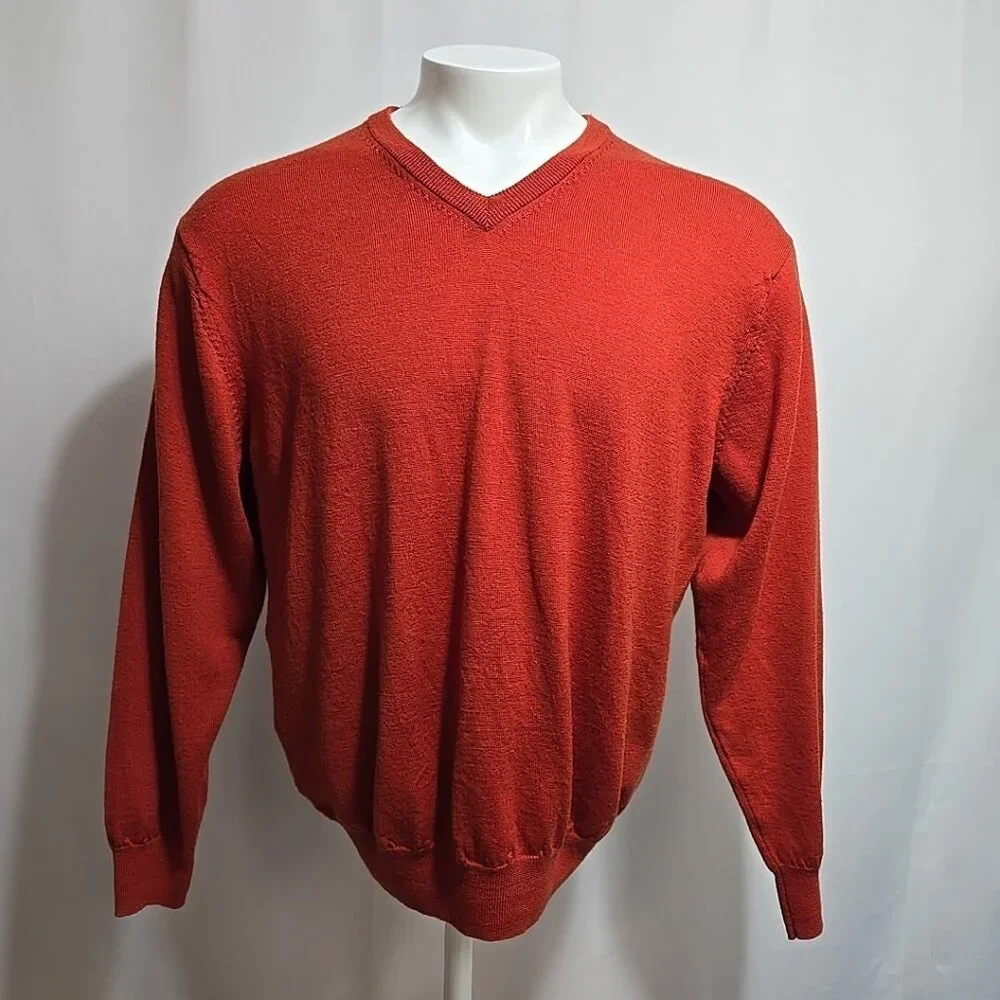 Jos. A. Bank 100% Italian Merino Wool Sweater Mens Size XL V-Neck Burnt Orange